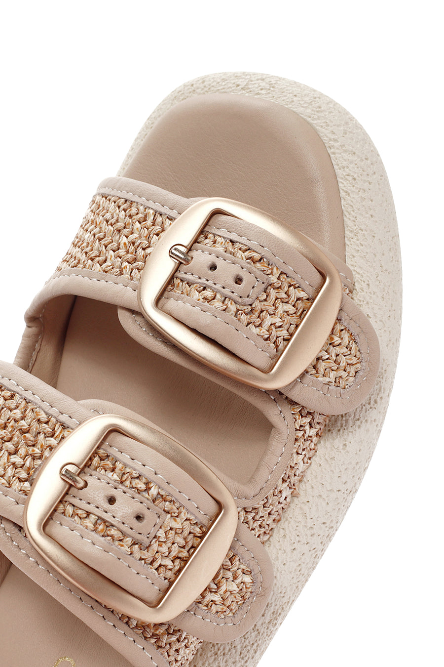 Women's Beige Double Buckle Straw Leather Slippers