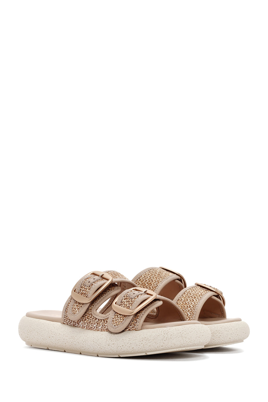 Women's Beige Double Buckle Straw Leather Slippers