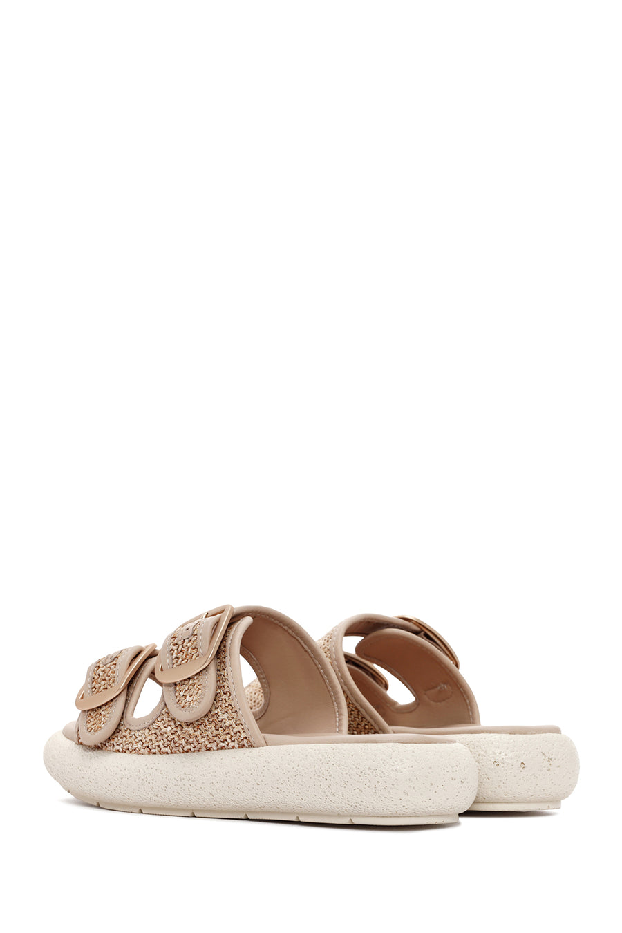 Women's Beige Double Buckle Straw Leather Slippers