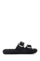 Women's Black Double Buckle Straw Leather Slippers | Derimod