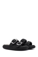 Women's Black Double Buckle Straw Leather Slippers | Derimod