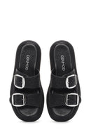 Women's Black Double Buckle Straw Leather Slippers | Derimod