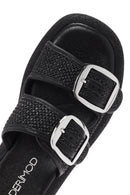 Women's Black Double Buckle Straw Leather Slippers | Derimod