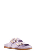 Women's Purple Buckle Suede Leather Slippers | Derimod