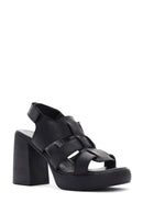 Women's Black Ankle Strap Thick Heeled Leather Sandals | Derimod