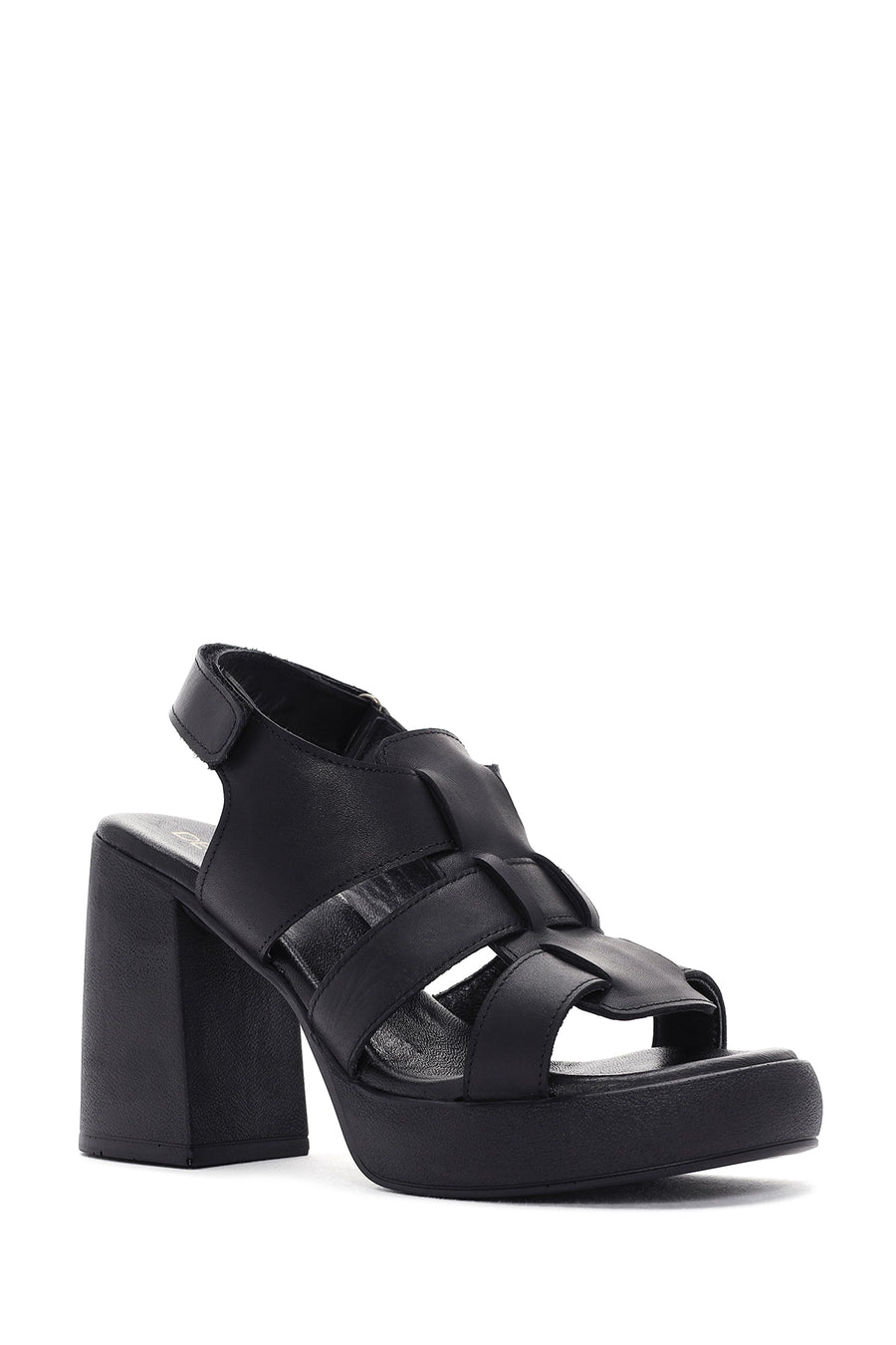 Women's Black Ankle Strap Thick Heeled Leather Sandals