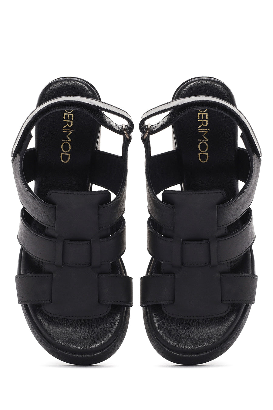 Women's Black Ankle Strap Thick Heeled Leather Sandals