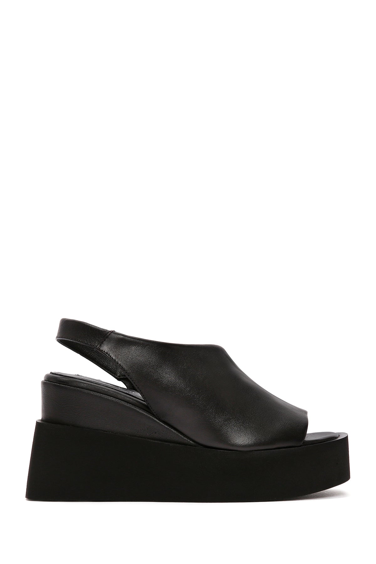Women's Black Wedge Heeled Leather Sandals 24SFD201818 | Derimod