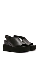 Women's Black Wedge Heeled Leather Sandals | Derimod