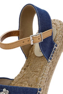 Women's Blue Ankle Buckle Jean Fabric Stoned Espadrille Sandals | Derimod