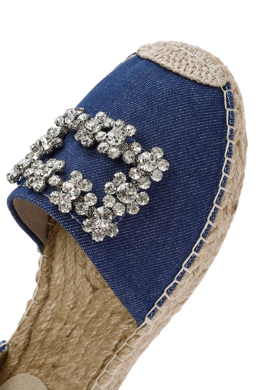 Women's Blue Ankle Buckle Jean Fabric Stoned Espadrille Sandals