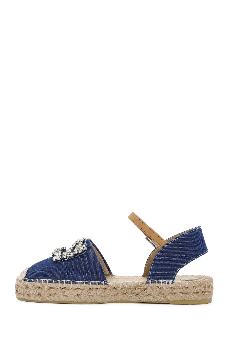 Women's Blue Ankle Buckle Jean Fabric Stoned Espadrille Sandals