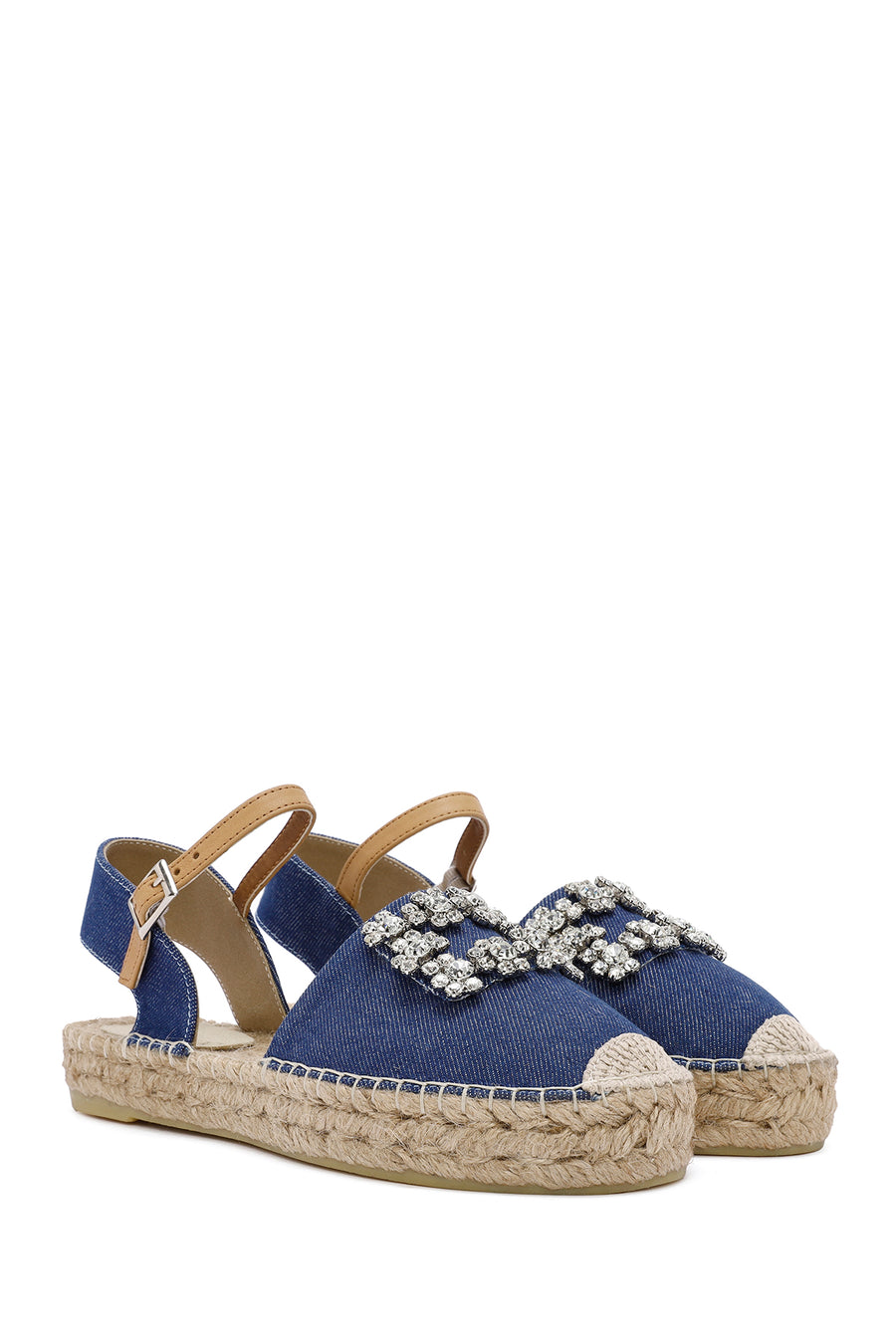 Women's Blue Ankle Buckle Jean Fabric Stoned Espadrille Sandals