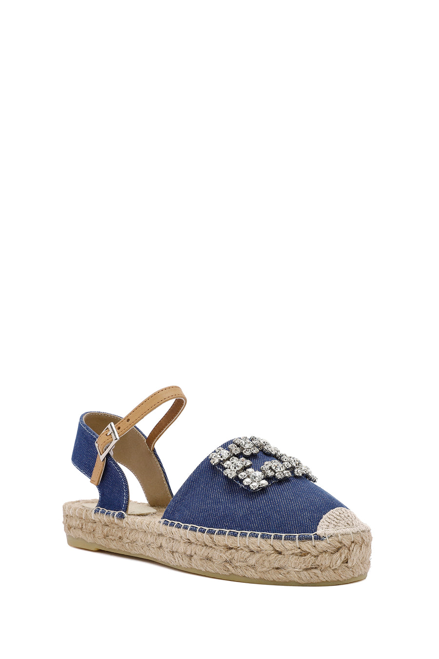 Women's Blue Ankle Buckle Jean Fabric Stoned Espadrille Sandals