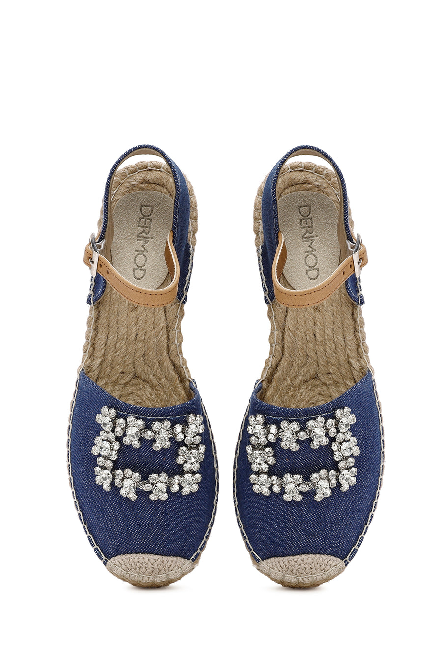 Women's Blue Ankle Buckle Jean Fabric Stoned Espadrille Sandals