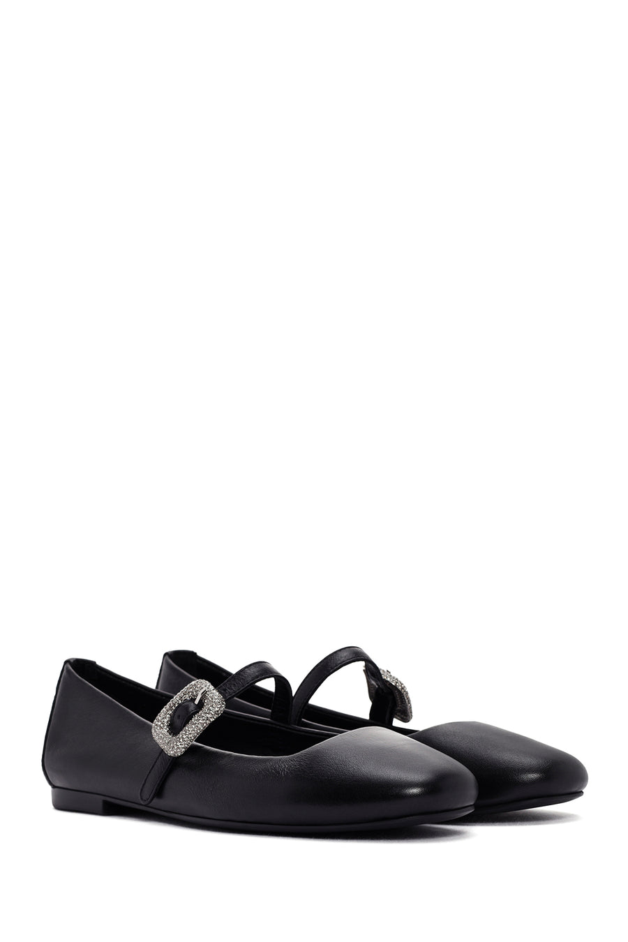 Women's Black Straped Stoned Leather Ballerinas