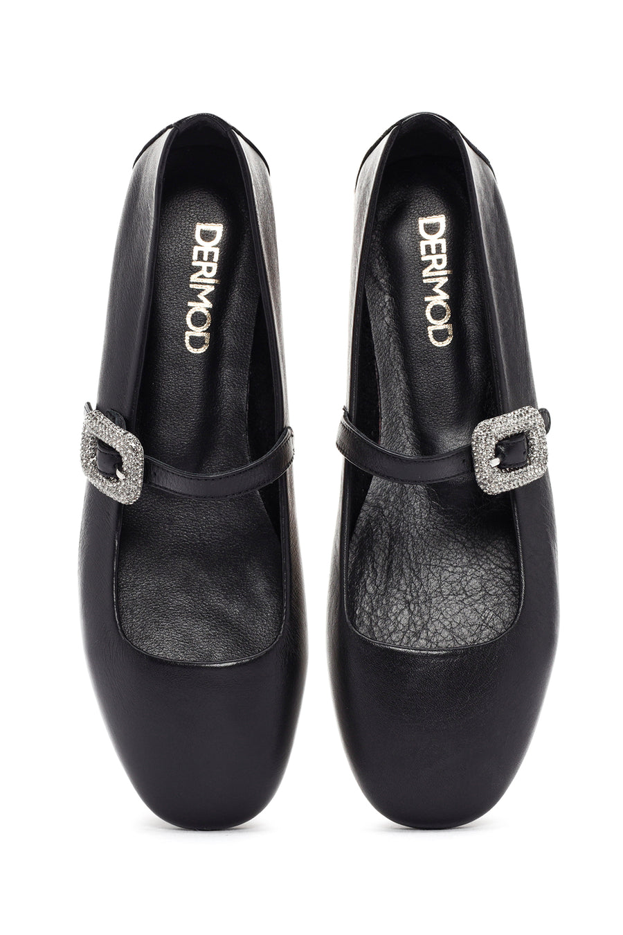 Women's Black Straped Stoned Leather Ballerinas