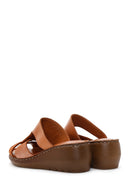 Women's Tan Wedge Heeled Leather Comfort Slippers | Derimod