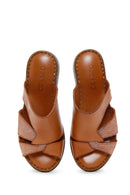 Women's Tan Wedge Heeled Leather Comfort Slippers | Derimod