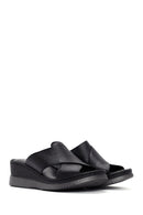 Women's Black Thick Soled Leather Comfort Slippers | Derimod