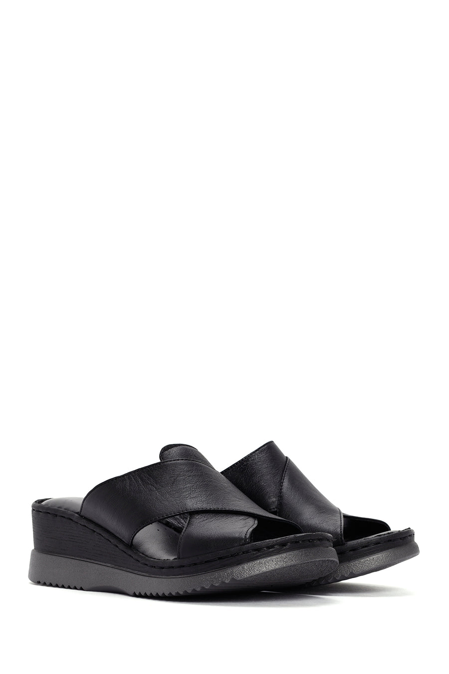 Women's Black Thick Soled Leather Comfort Slippers
