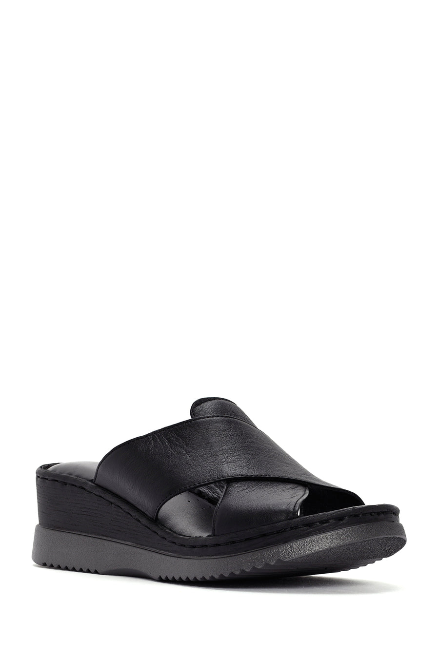 Women's Black Thick Soled Leather Comfort Slippers