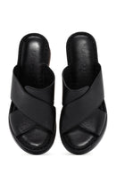 Women's Black Thick Soled Leather Comfort Slippers | Derimod