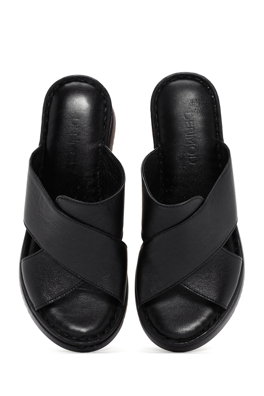 Women's Black Thick Soled Leather Comfort Slippers
