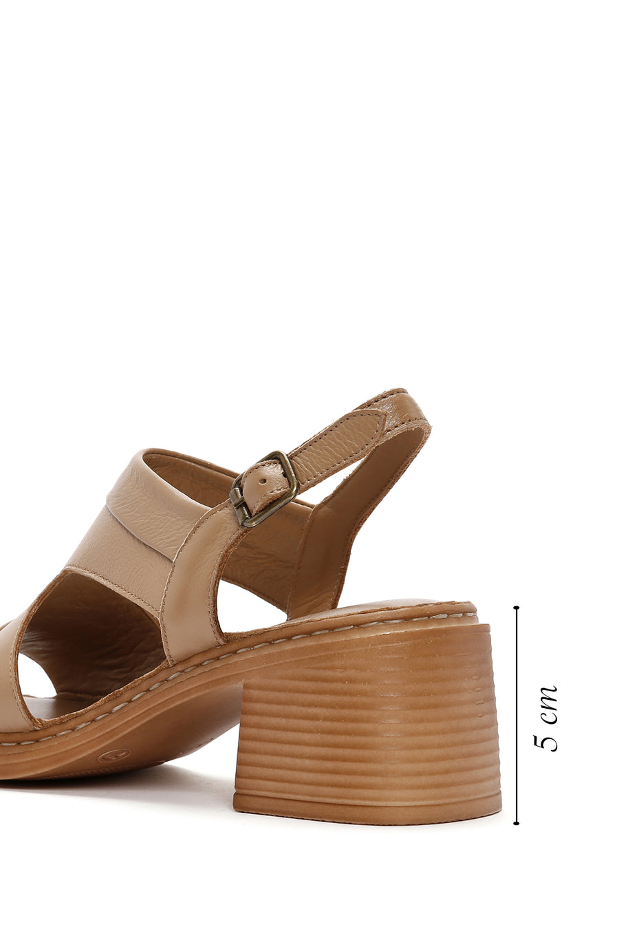 Women's Camel Thick Heeled Leather Sandals with Ankle Strap