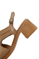 Women's Camel Thick Heeled Leather Sandals with Ankle Strap | Derimod