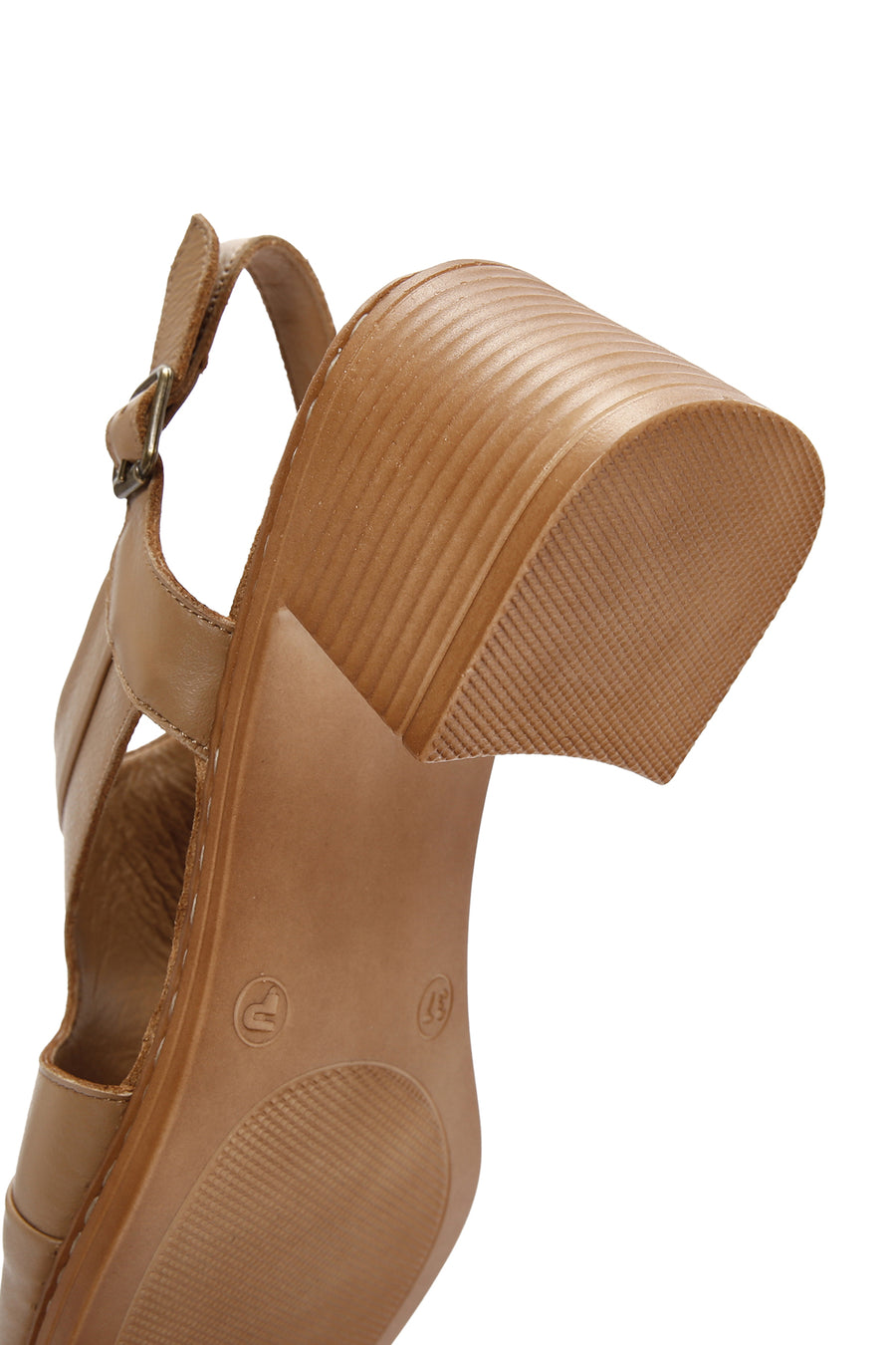 Women's Camel Thick Heeled Leather Sandals with Ankle Strap