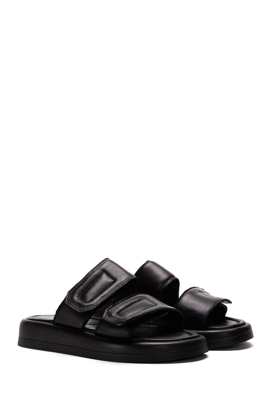 Women's Black Double-Striped Leather Comfort Slippers