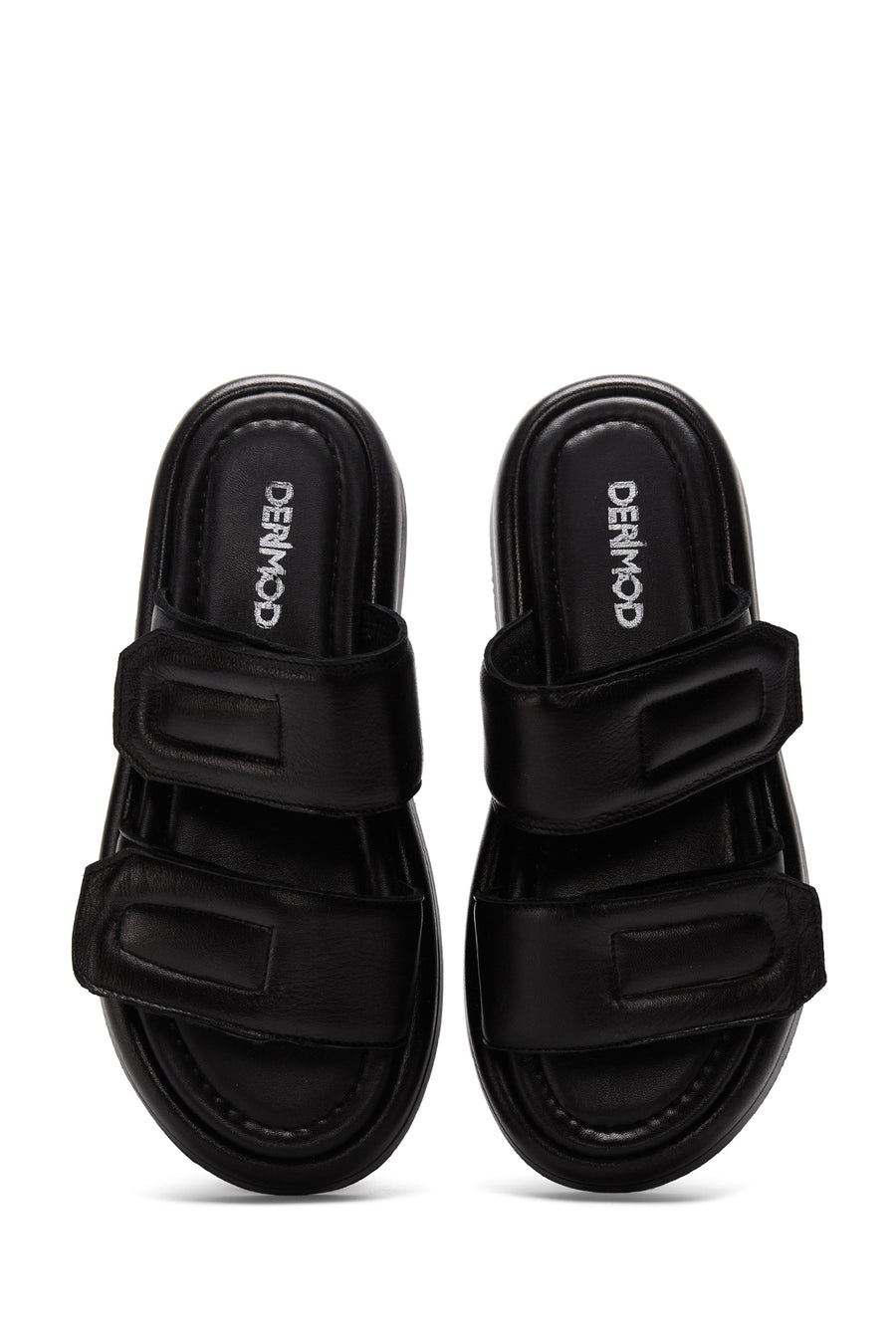 Women's Black Double-Striped Leather Comfort Slippers