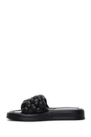 Women's Black Knit Leather Comfort Slippers | Derimod