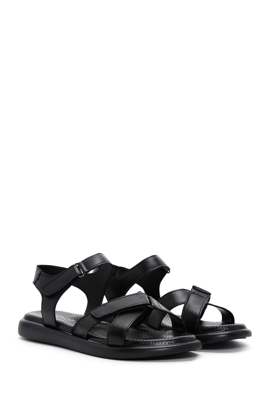 Women's Black Double Strap Leather Comfort Sandals