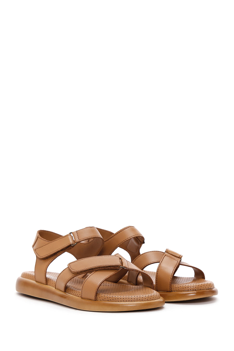 Women's Tan Double Strap Leather Comfort Sandals