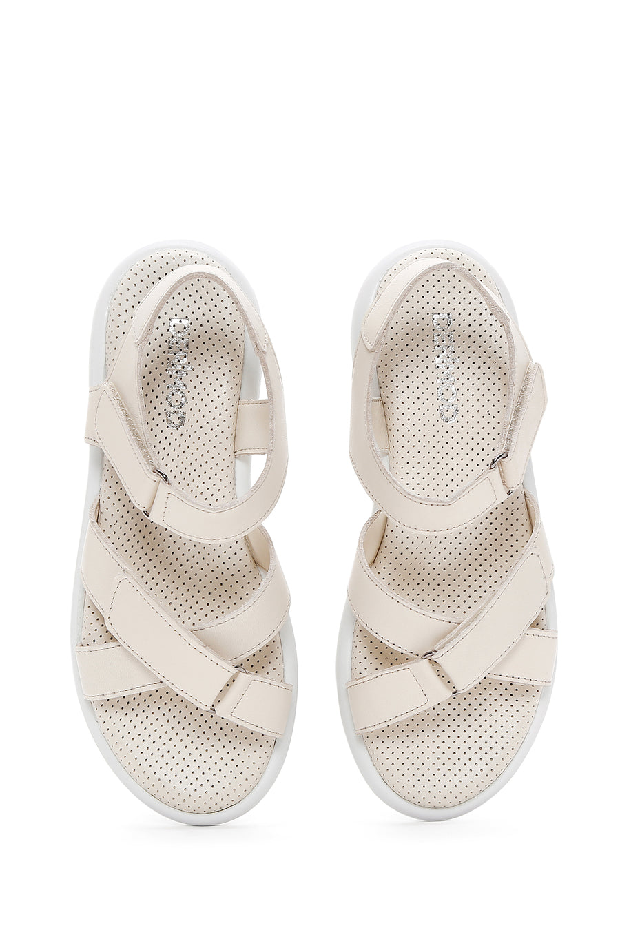 Kadın Krem Çift Bantlı Deri Comfort Sandalet