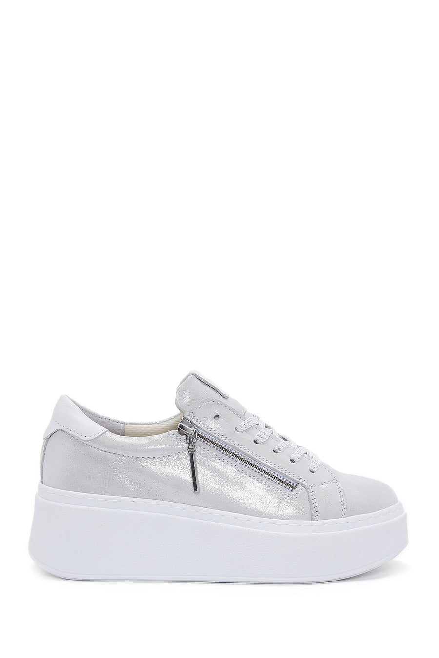 Women's Silver Thick Sole Side Zipper Leather Sneaker 24SFD3703SM | Derimod