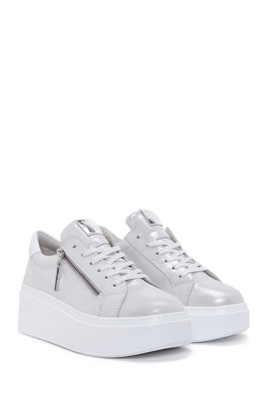 Women's Silver Thick Sole Side Zipper Leather Sneaker