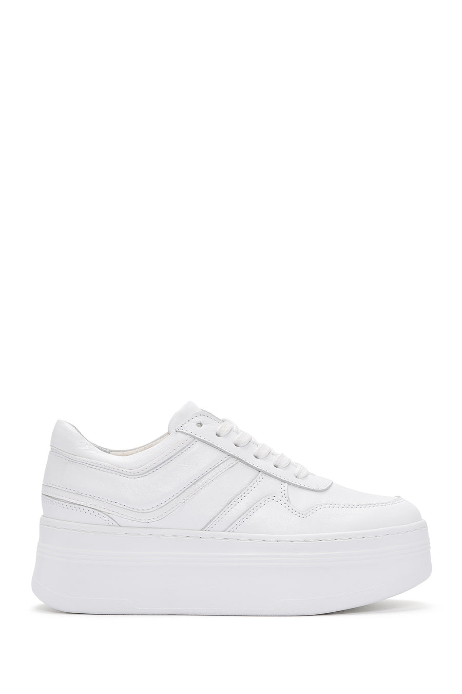 Women's White Lace-up Thick-Sole Leather Sneaker 24SFD371218 | Derimod