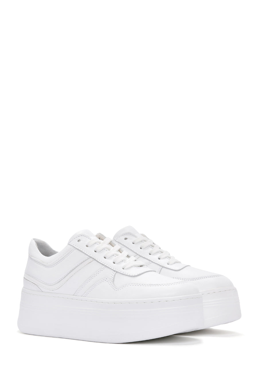 Women's White Lace-up Thick-Sole Leather Sneaker