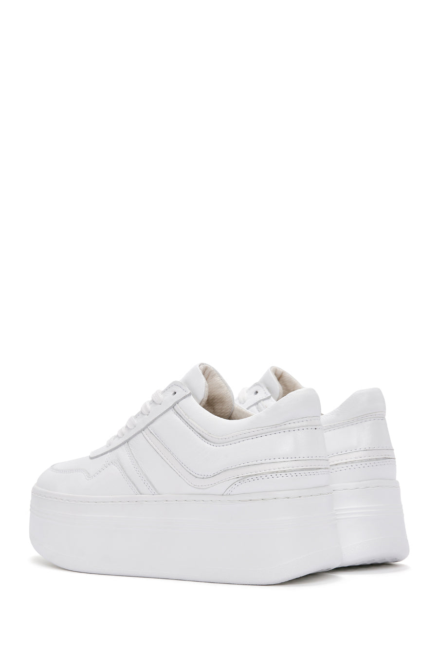 Women's White Lace-up Thick-Sole Leather Sneaker