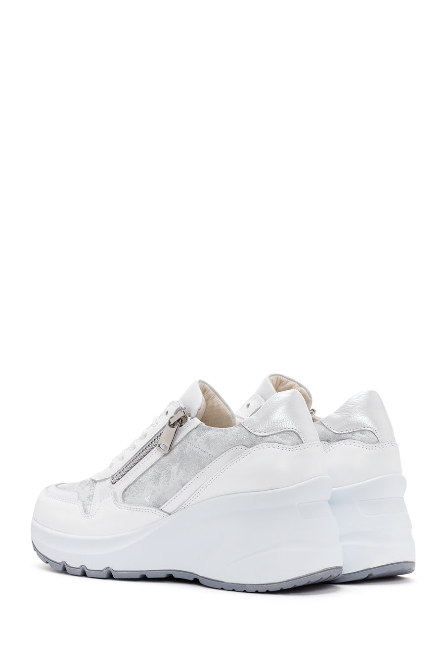 Women's White Wedge Heeled Lace-up Leather Sneaker