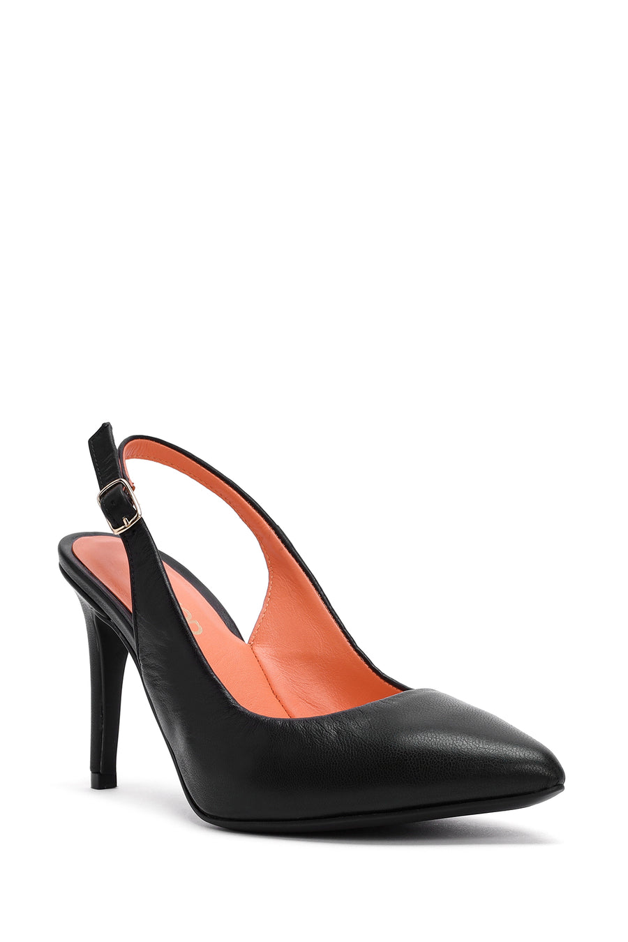 Women's Black Open-Back Heeled Leather Shoes
