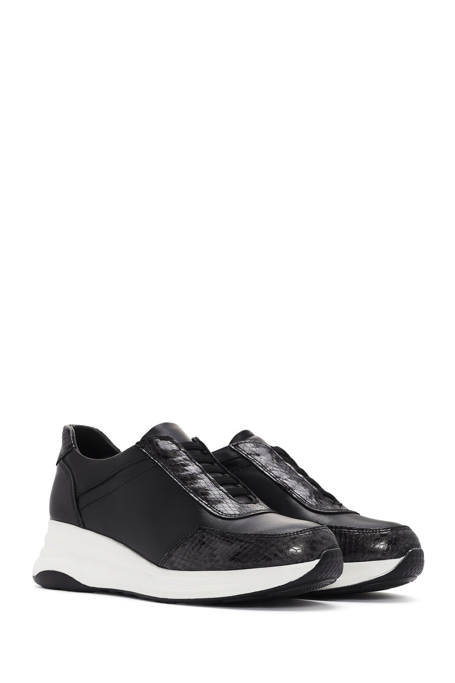 Women's Black Thick Soled Leather Sneaker