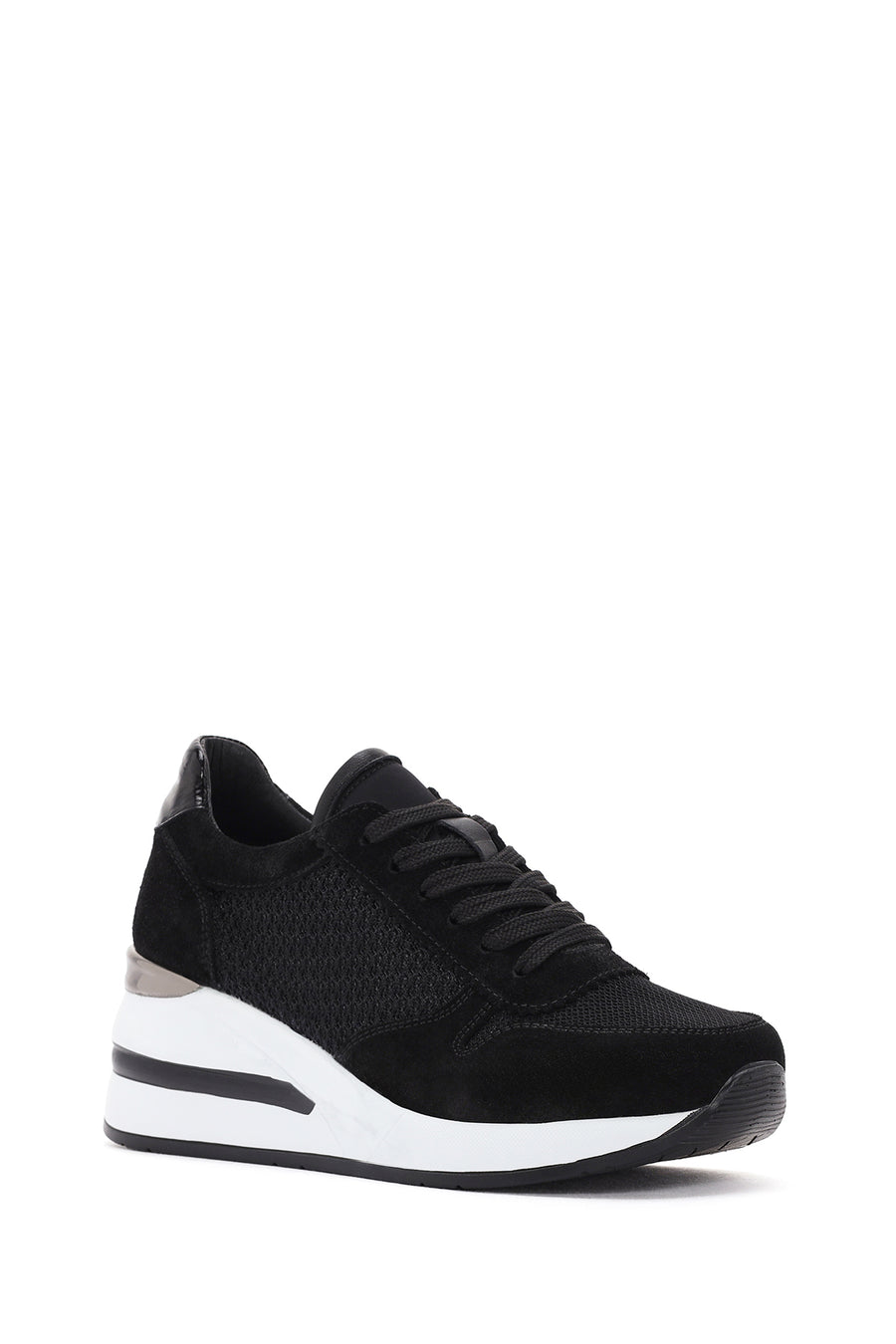 Women's Black Thick Heeled Lace-Up Leather Sneaker