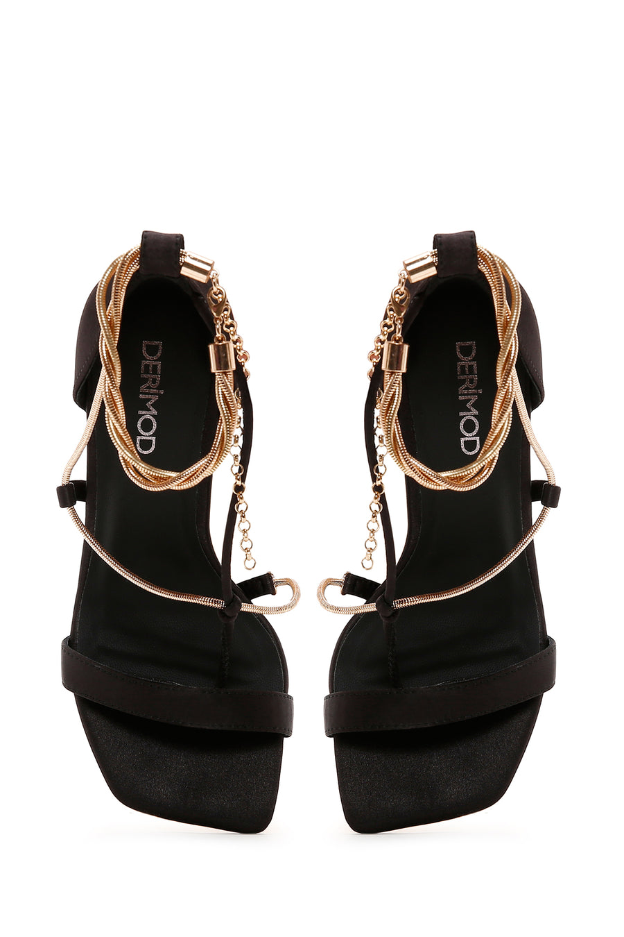 Women's Black Ankle Chain-Tied Thin Heel Sandals