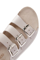 Women's Gray Buckle Leather Comfort Slippers | Derimod