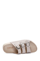 Women's Gray Buckle Leather Comfort Slippers | Derimod