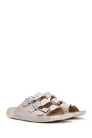 Women's Gray Buckle Leather Comfort Slippers | Derimod